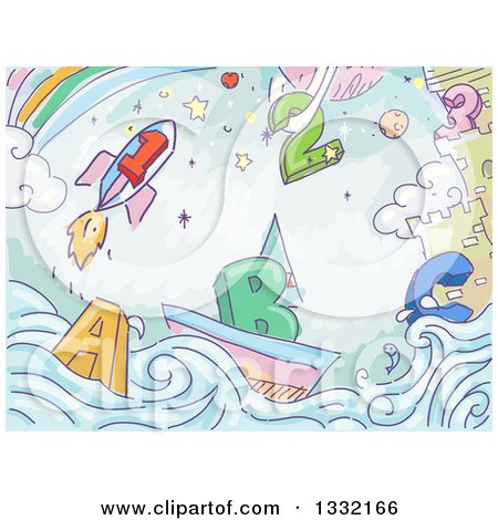Clipart of Sketched Alphabet Letters and Numbers at an Ocean Side Castle with a Rainbow and Rocket - Royalty Free Vector Illustration by BNP Design Studio