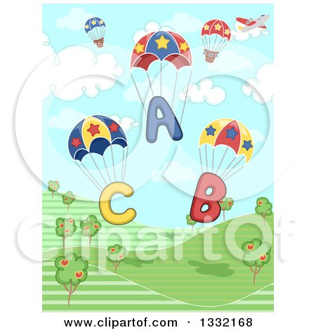 Clipart of ABC Alphabet Parachutes and a Plane over a Hilly Landscape - Royalty Free Vector Illustration by BNP Design Studio