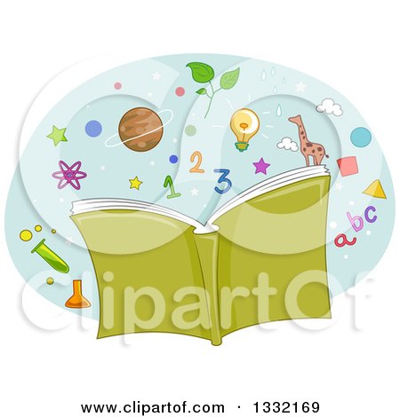 Clipart of a Green Open Book with Alphabet Letters, Numbers and Science Icons - Royalty Free Vector Illustration by BNP Design Studio