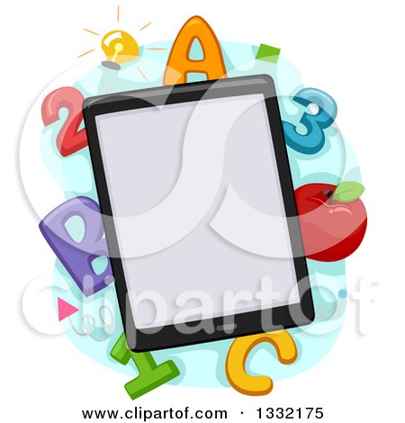 Clipart of a Tablet Computer with a Blank Screen, over Alphbet Abc Letters, Numbers and an Apple - Royalty Free Vector Illustration by BNP Design Studio