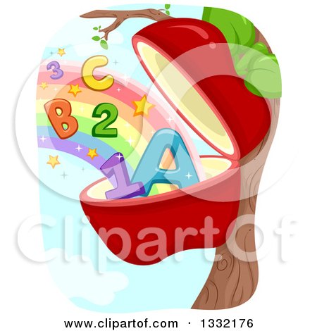 Clipart of a Red Apple Opened with a Rainbow, Abc Alphabet Letters and Numbers - Royalty Free Vector Illustration by BNP Design Studio