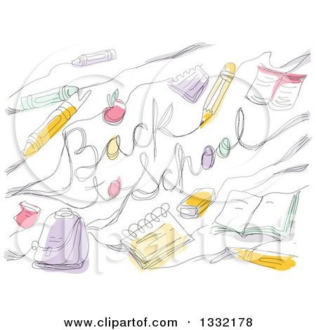 Clipart of a Sketched Back to School Greeting with Accessories - Royalty Free Vector Illustration by BNP Design Studio