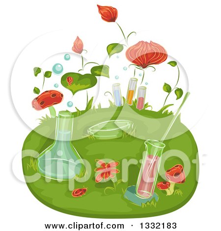 Clipart of Science Laboratory Flasks and Test Tubes with Insects and Flowers - Royalty Free Vector Illustration by BNP Design Studio