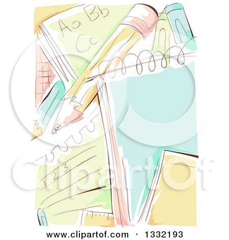 Clipart of a Sketched Background of Notepads, Writing and a Pencil - Royalty Free Vector Illustration by BNP Design Studio