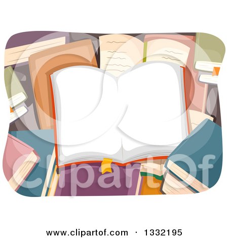 Clipart of a Book with Blank Open Pages over Other Books - Royalty Free Vector Illustration by BNP Design Studio