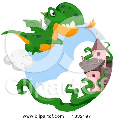 Clipart of a Green Dragon Flying near a Castle - Royalty Free Vector Illustration by BNP Design Studio
