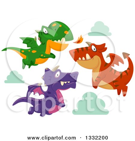 Clipart of Green, Purple and Red Dragons Flying - Royalty Free Vector Illustration by BNP Design Studio