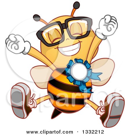 Clipart of a Cartoon Champion Bee Jumping and Wearing a Placement Ribbon - Royalty Free Vector Illustration by BNP Design Studio