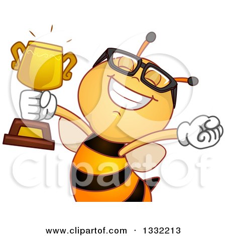 Clipart of a Happy Bee Cheering and Holding up a Trophy - Royalty Free Vector Illustration by BNP Design Studio
