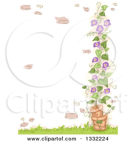 Clipart of a Purple Flowering Vine Growing up a Brick Wall - Royalty Free Vector Illustration by BNP Design Studio