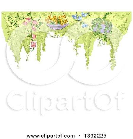 Clipart of Hanging Potted Plants with Flowers and Tree Foliage over White Text Space - Royalty Free Vector Illustration by BNP Design Studio