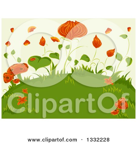 Clipart of a Background of Orange Flowers, Mushrooms and Green Leaves on a Hill - Royalty Free Vector Illustration by BNP Design Studio