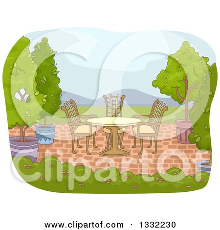 Clipart of a Brick Patio with a Table, Chairs and Potted Trees - Royalty Free Vector Illustration by BNP Design Studio