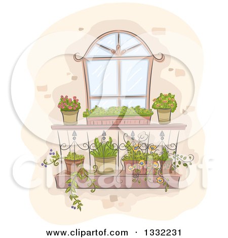 Clipart of a Sketched Window with Planter Shelves - Royalty Free Vector Illustration by BNP Design Studio
