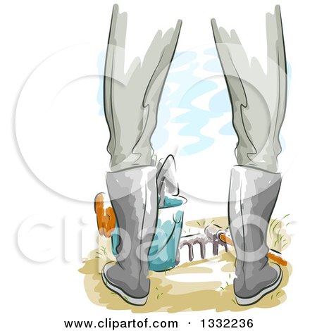 Clipart of a Rear View of a Gardener's Legs in Boots, with a Bucket and Tools - Royalty Free Vector Illustration by BNP Design Studio