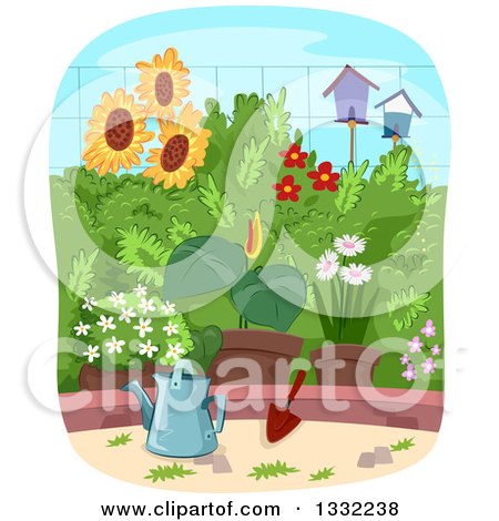 Clipart of a Watering Can by Potted Plants and a Garden with Flowers and Bird Houses - Royalty Free Vector Illustration by BNP Design Studio