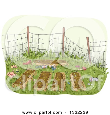 Clipart of a Sketched Abandoned Garden with Trash - Royalty Free Vector Illustration by BNP Design Studio