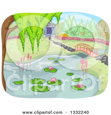 Clipart of a Pond and Foot Bridge in a Botanical Garden - Royalty Free Vector Illustration by BNP Design Studio