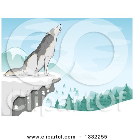 Clipart of a Wolf Howling on a Winter Cliff - Royalty Free Vector Illustration by BNP Design Studio