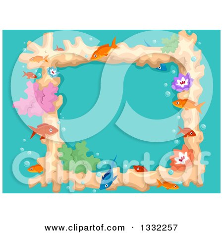 Clipart of a Coral and Marine Fish Frame over Turquoise - Royalty Free Vector Illustration by BNP Design Studio