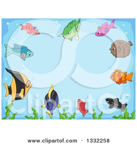 Clipart of a Border of Curious Marine Fish and Seaweed Focused on the Center - Royalty Free Vector Illustration by BNP Design Studio