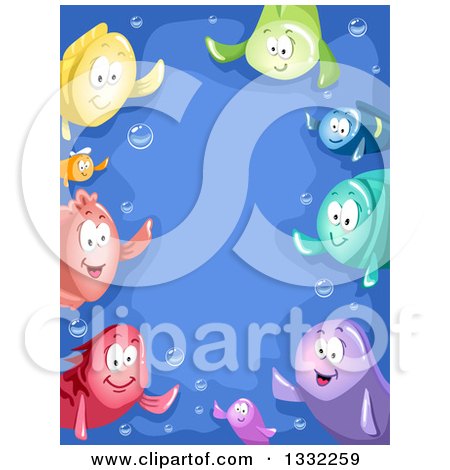 Clipart of a Border of Colorful Fish Waving, and Bubbles, over Blue - Royalty Free Vector Illustration by BNP Design Studio