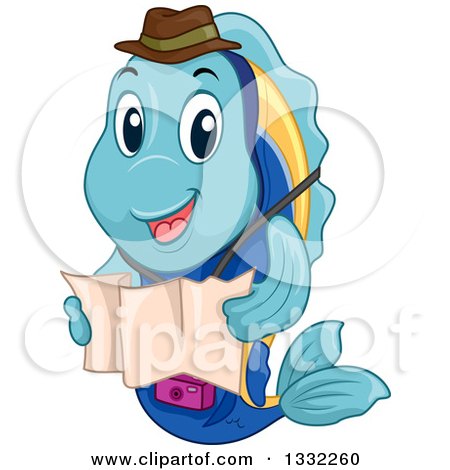 Clipart of a Cartoon Happy Marine Fish Traveler Holding a Map - Royalty Free Vector Illustration by BNP Design Studio