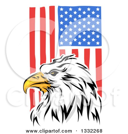 Clipart of a Painted Bald Eagle Head over a Vertical American Flag - Royalty Free Vector Illustration by BNP Design Studio