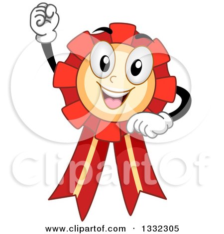 Clipart of a Cartoon Award Ribbon Character Cheering with a Fist - Royalty Free Vector Illustration by BNP Design Studio