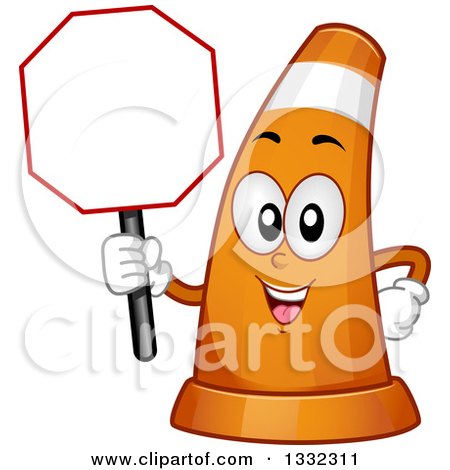 Clipart of a Cartoon Traffic Cone Character Holding a Blank Stop Sign - Royalty Free Vector Illustration by BNP Design Studio
