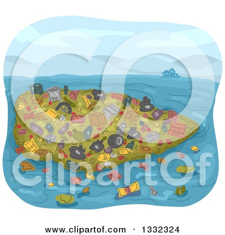 Clipart of a Sketched Pile of Garbage Floating in the Sea - Royalty Free Vector Illustration by BNP Design Studio