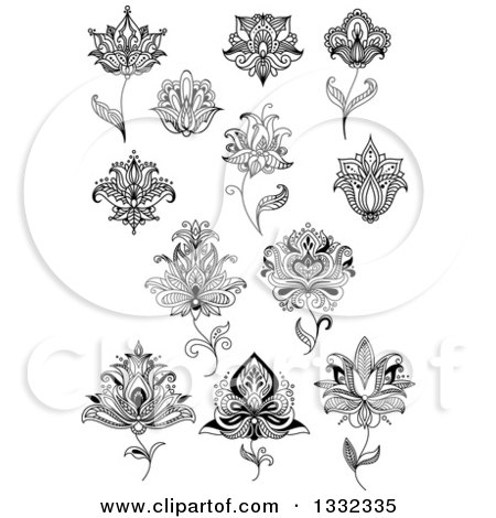 Clipart of Black and White Henna and Lotus Flowers 17 - Royalty Free Vector Illustration by Vector Tradition SM