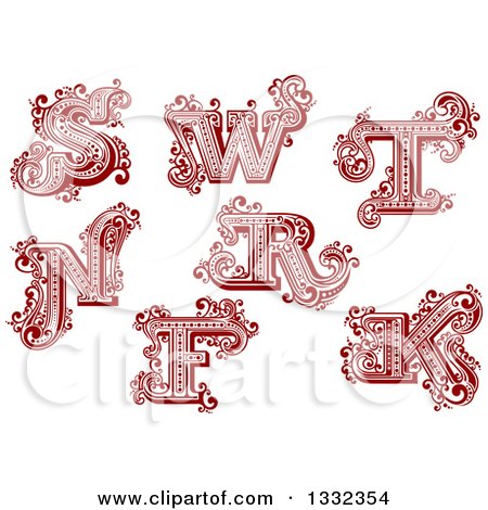 Clipart of Retro Red Capital Letters S, W, T, N, R, F and K with Flourishes - Royalty Free Vector Illustration by Vector Tradition SM