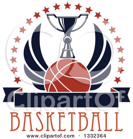 Clipart of a Winged Basketball Under a Trophy with a Circle of Stars over Text and a Blank Banner - Royalty Free Vector Illustration by Vector Tradition SM