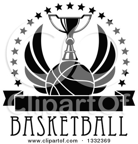 Clipart of a Black and White Winged Basketball Under a Trophy Inside a Circle of Stars, over Text and a Blank Banner - Royalty Free Vector Illustration by Vector Tradition SM