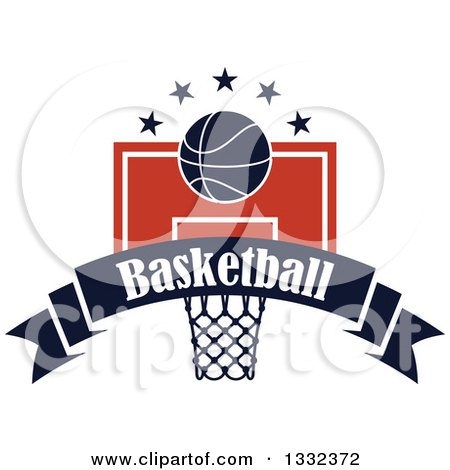 Clipart of a Basketball and Stars over a Hoop and Navy Blue Text Banner - Royalty Free Vector Illustration by Vector Tradition SM