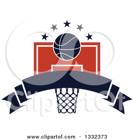 Clipart of a Basketball and Stars over a Hoop and Blank Navy Blue Banner - Royalty Free Vector Illustration by Vector Tradition SM