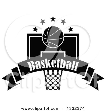 Clipart of a Black and White Basketball and Stars over a Hoop and Text Banner - Royalty Free Vector Illustration by Vector Tradition SM