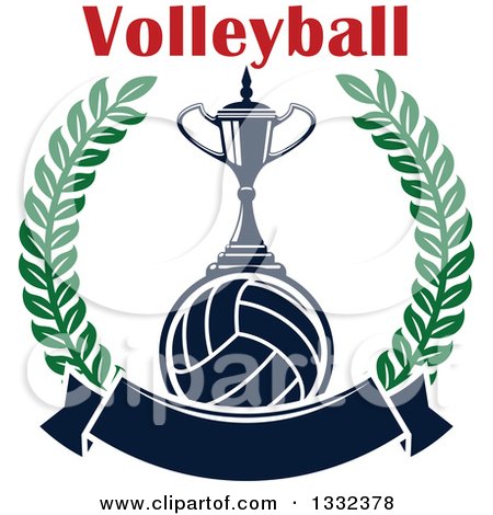 Clipart of Text over a Trophy on a Navy Blue Volleyball in a Lurel Wreath with a Blank Banner - Royalty Free Vector Illustration by Vector Tradition SM