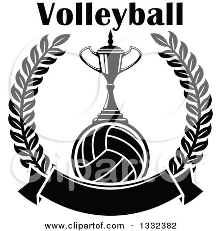 Clipart of Text over a Black and White Trophy on a Volleyball in a Lurel Wreath with a Blank Banner - Royalty Free Vector Illustration by Vector Tradition SM