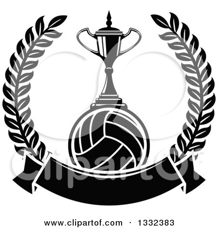 Clipart of a Black and White Trophy on a Volleyball in a Lurel Wreath with a Blank Banner - Royalty Free Vector Illustration by Vector Tradition SM