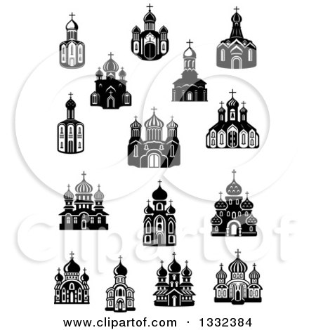 Clipart of Black and White Church Buildings - Royalty Free Vector Illustration by Vector Tradition SM