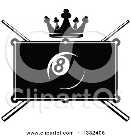 Clipart of a Black and White Billiards Pool Eight Ball over a Table, Crown and Crossed Cue Sticks - Royalty Free Vector Illustration by Vector Tradition SM