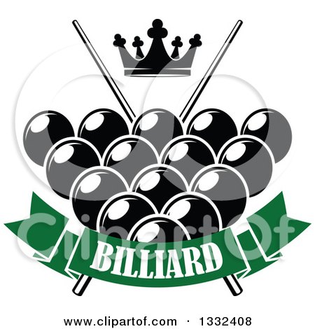 Clipart of a Crown over Billiards Pool Balls, Crossed Cue Sticks and a Green Text Banner - Royalty Free Vector Illustration by Vector Tradition SM