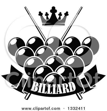 Clipart of a Black and White Crown over Billiards Pool Balls, Crossed Cue Sticks and a Text Banner - Royalty Free Vector Illustration by Vector Tradition SM