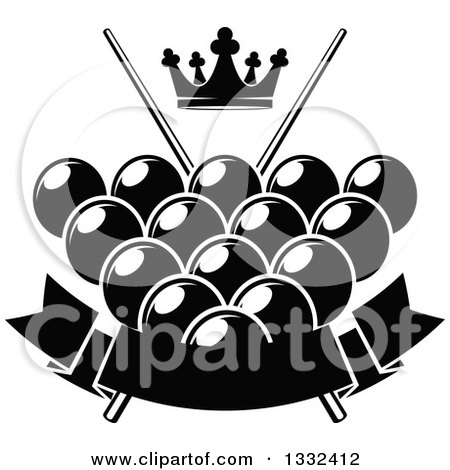 Clipart of a Black and White Crown over Billiards Pool Balls, Crossed Cue Sticks and a Bank Banner - Royalty Free Vector Illustration by Vector Tradition SM