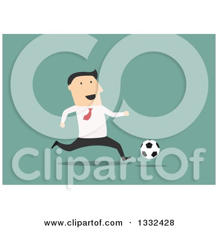 Clipart of a Flat Design White Business Man Playing Soccer on Green - Royalty Free Vector Illustration by Vector Tradition SM