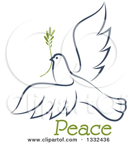 Clipart of a Sketched Flying Navy Blue Peace Dove with a Branch and Text 2 - Royalty Free Vector Illustration by Vector Tradition SM