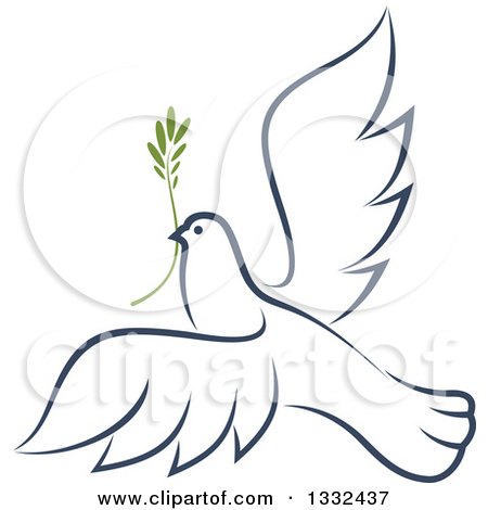 Clipart of a Sketched Flying Navy Blue Peace Dove with a Branch 2 - Royalty Free Vector Illustration by Vector Tradition SM