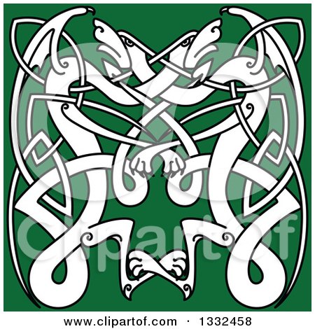 Clipart of a White Celtic Knot Dragons on Green 4 - Royalty Free Vector Illustration by Vector Tradition SM